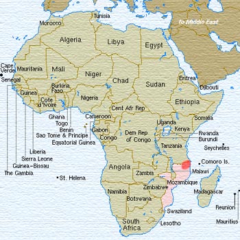 Mapa de África com localização dos Makonde