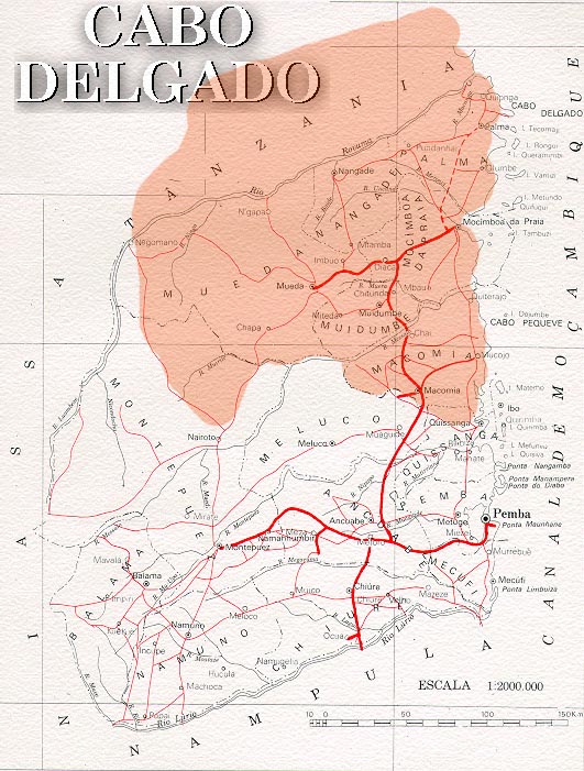 Mapa de Cabo Delgado com zona Makonde