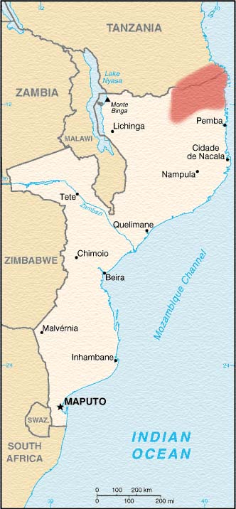 Mapa de Moçambique com zona Makonde